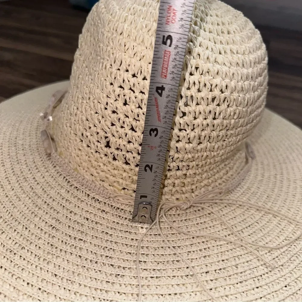 WET Coastal Headwear Wide Brim Straw Sun Hat with Bead Accents  handmade sz M